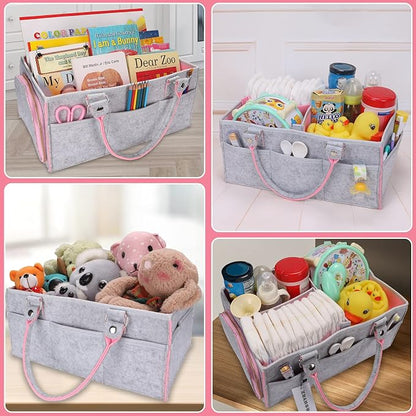 XUANGUO Large Felt Baby Diaper Caddy Organizer with Handles for Girls, Pink | Nursery storage bin and basket; portable tote bag for changing table or car, baby shower gifts and newborn essentials. - Image 5