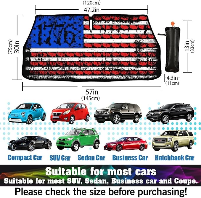 Socira Retro USA American Flag Car Windshield Sunshade Umbrella Car Foldable Umbrella Sunshade for Front Window UV Reflector Auto Windshield Umbrella Sun Shades Cover for Most Vehicles 57'' X 30'' - Image 3