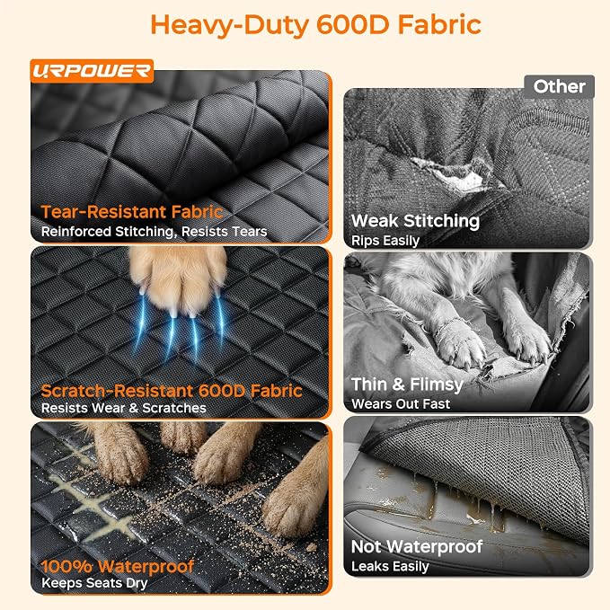 URPOWER Dog Car Seat Cover for Back Seat, Waterproof Hammock for Car & SUV | 600D Oxford, Side Flaps with Zippers, Scratch Resistant, Non-Slip, Easy Install, Machine Washable, Dog Seat Belt Included - Image 3