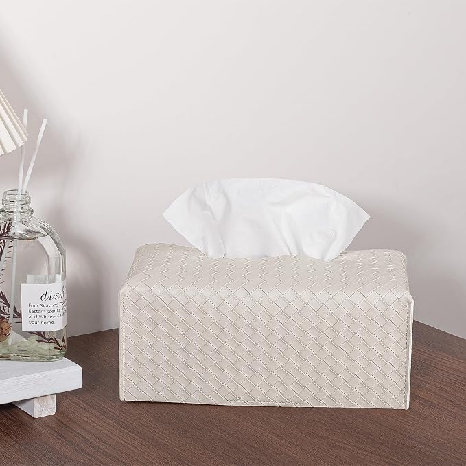 Tissue Box Cover Short Rectangle Leather Facial Paper Holder, Griege | PU Leather，Easy to Fill, Easy Clean, Decorative Cube Tissue Box Holder for Office, Bathroom,Kitchen, Living room, Guest room - Image 2