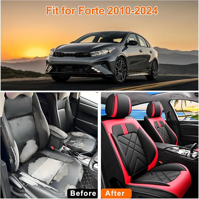 Forte Car Seat Covers Custom Fit for Kia Forte 2010-2024, Full Coverage Leather Waterproof Breathable Seat Covers, Automotive Seat Protectors, Airbag Compatible(2 Front Seats, Red & Black) - Image 5