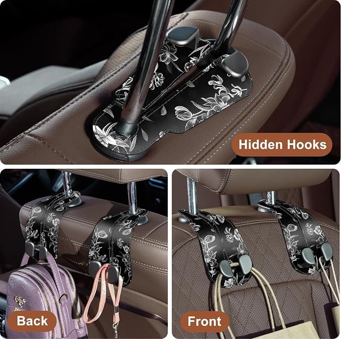 CoBak Purse Hook for Car - Universal Premium Stitched Leather and Aluminum-Magnesium Alloy Double Car Seat Back Storage Hook for Purses, Handbags, Bags (2 Pack),Floral Trace - Image 4