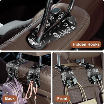 CoBak Purse Hook for Car - Universal Premium Stitched Leather and Aluminum-Magnesium Alloy Double Car Seat Back Storage Hook for Purses, Handbags, Bags (2 Pack),Floral Trace - Image 4