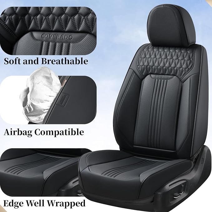 Coverado Seat Covers Full Set, Leather Car Seat Cover, Waterproof Car Seat Protector, Automotive Seat Covers Car Seat Cushion Universal Fit for Most Cars, Black - Image 2