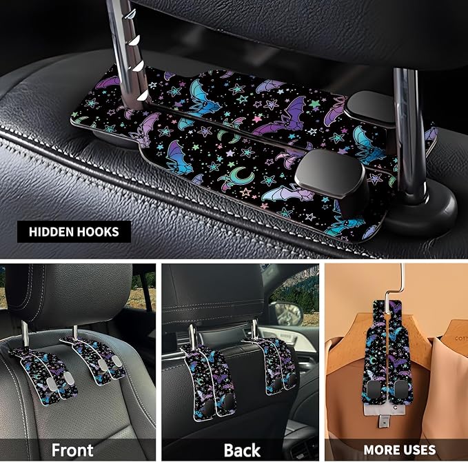 Car Seat Headrest Hook, Universal Leather Cute Hanger Holder Hook, Storage Organizer Interior Accessories for Purse Bags Handbag Purple Cute Bats - Image 3