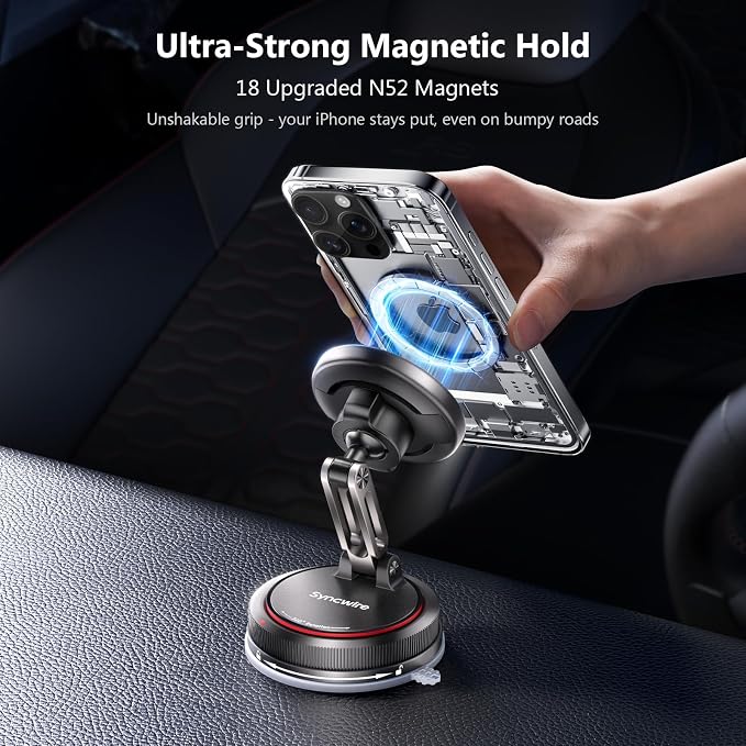 SYNCWIRE for MagSafe Car Mount [2-Axis Design] Nano Adhesive Gel + Suction Cup Magnetic Phone Holder for Dashboard & Windshield, 360° Adjustable for iPhone 17 16 15 14 13 12 11, Samsung, Matte Black - Image 2