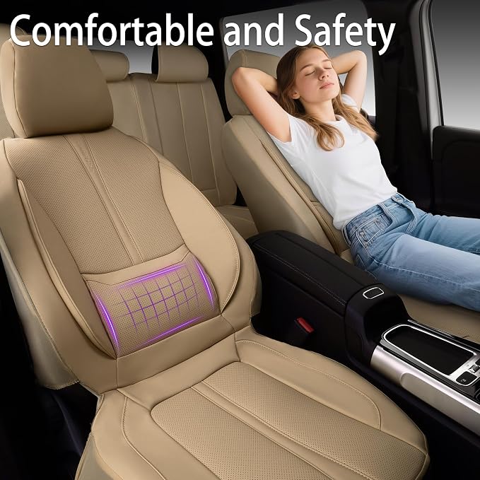 CAR PASS Nappa Leather Seat Covers Full Set, 3D Foam Faux Leather Car Seat Covers with Lumbar Support, Water Resistant Comfort & Universal Fit for Cars SUV Truck Most Vehicles, All Beige - Image 6