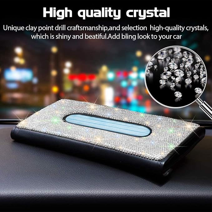 Bling Car Sun Visor Tissue Box Holder, Rhinestone PU Leather Crystal Sparkling Napkin Holder, Backseat Paper Towel Cover Case Car Accessories for Women (White) - Image 3