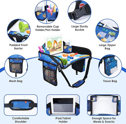 Kids Travel Tray for Toddler Car Seat, Road Trip Activities for Kid | Toddler Car Activities with No-Drop iPad Holder Stand, Roadtrip Essentials with Dry Erase Board & Cooler Cup Holder, Blue - Image 8