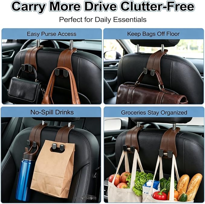 2 Pack Leather Car Headrest Hooks, Heavy Duty Double Car Hooks(Brown) | Anti-Drop Design, Holds Up to 50 lbs, Purse Hanger, Car Seat Organizer, Car Hanging Accessories - Image 6