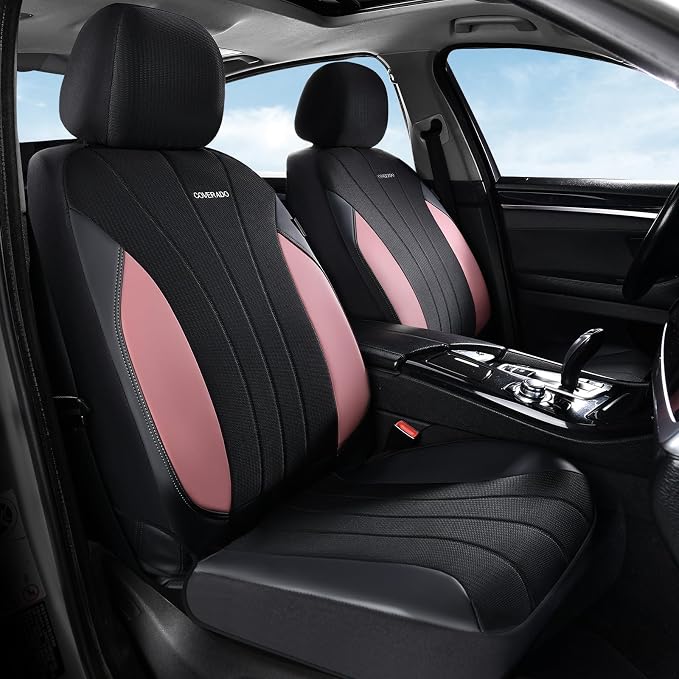 Coverado Automotive Seat Covers Front Seats, Luxury Car Seat Covers, Leather Seat Covers 2-Pack, Mesh Design, Pink Driver Seat Protectors, Universal Fit for SUVs, Trucks, Sedans by COVERADOAUTO