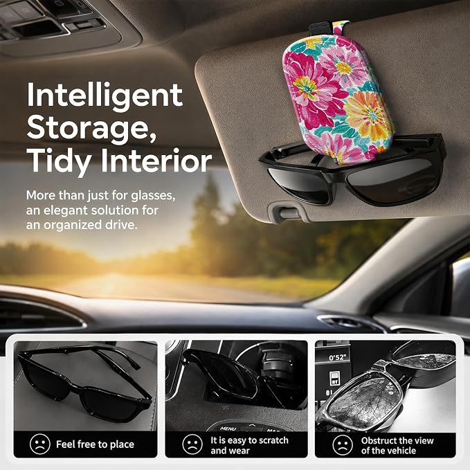 Sunglasses Holder for Car Visor, PU Leather Glasses Clip Organizer, Cute Magnetic Eyeglass Holder for Vehicle Sun Visor, Car Interior Accessory for Women & Men, Color Flowers - Image 2
