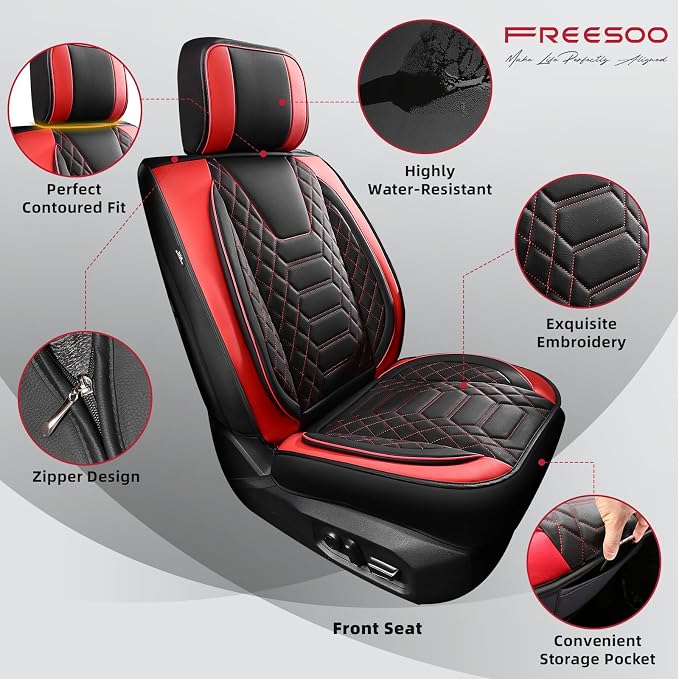 FREESOO Custom for Toyota Tundra Seat Covers 2022-2026 Crewmax Double Cab | Custom Fit, Full Set, 60/40 Split Bench, Waterproof Leather, for Truck Toyota Tundra Accessories, BlackRed - Image 5