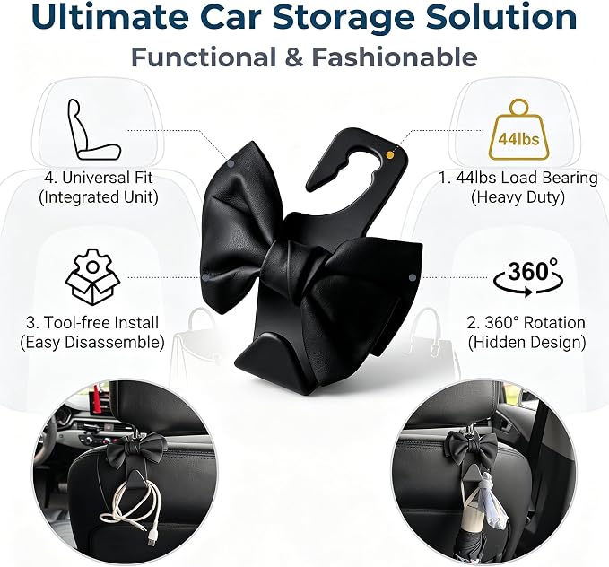 2PCS Car Seat Headrest Hooks, Cute Bow Shaped Purse Hook for Car, Backseat Storage Hooks for Purses Coats Bags, Universal Car Accessories for SUV Sedan Truck (Black) - Image 4
