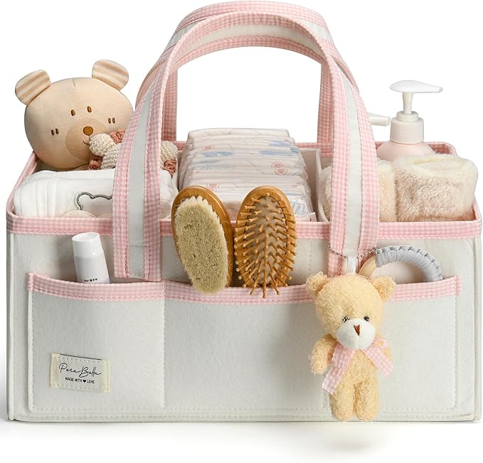 PeraBella Baby Diaper Caddy Organizer, XL Baby Basket Shower Gift Caddy, Portable Felt Changing Table Basket, Nursery Storage Bin, Newborn Boy and Girl Essentials for Registry, Car Diaper Organizer by PeraBella
