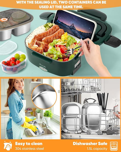 Electric Lunch Box Food Heater 80W for Adults, Portable Food Warmer Heated Lunch Box for Car Truck Work with 1.5L Stainless Steel Container Fork & Spoon 12/24/110V Lonchera Eléctrica Portátil - Image 2