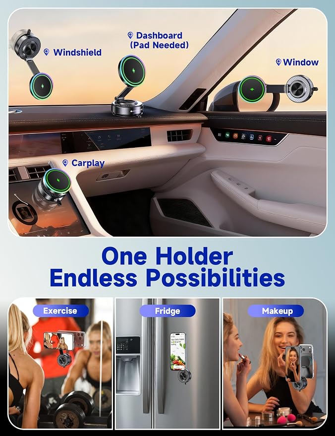 15W Magsafe Car Mount Charger, Faster Charging Wireless Car Charger | [105+LBS Suction & 3800gf Magnetic] Car Phone Holder, 360° Adjustable, Phone Holders for Your Car for iPhone & Android - Image 2