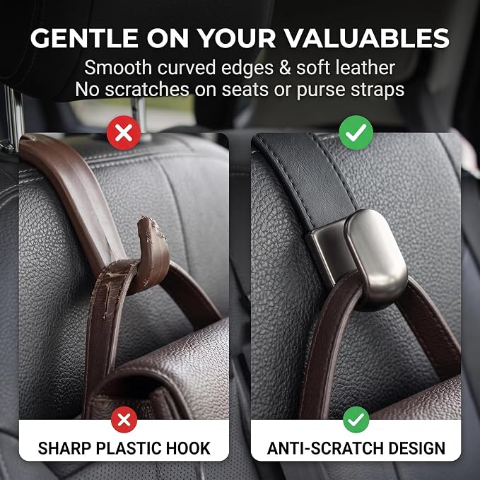 2PCS Leather Metal Car Headrest Hanger, Simple Style Car Seat Headrest Hooks, Multi-Purpose Car Seat Back Organizers, Universal for Purses, Handbags, Bags (Black) - Image 3