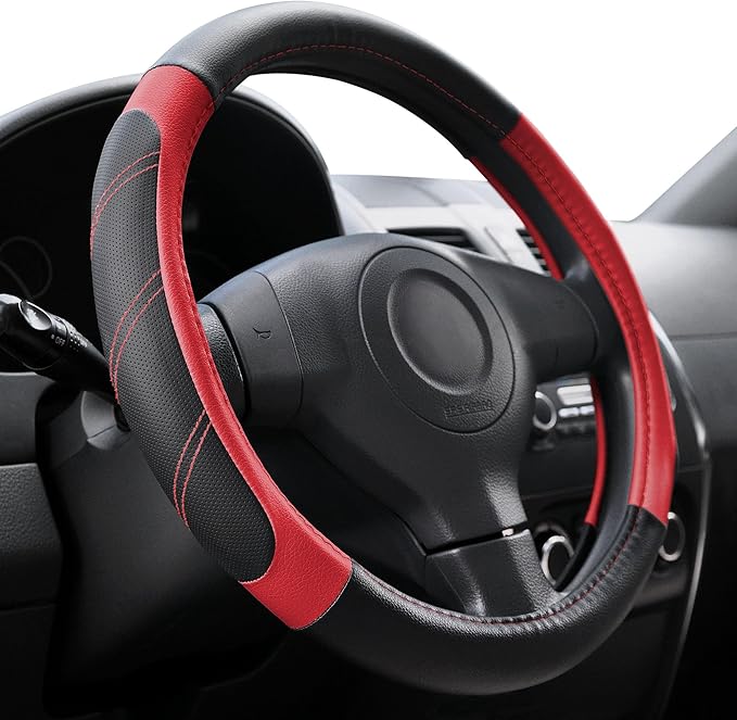 Elantrip Leather Steering Wheel Cover 14 1/2 to 15 inch Universal Padded Soft Grip Breathable for Car Truck SUV Jeep Anti Slip Black and Red by Elantrip