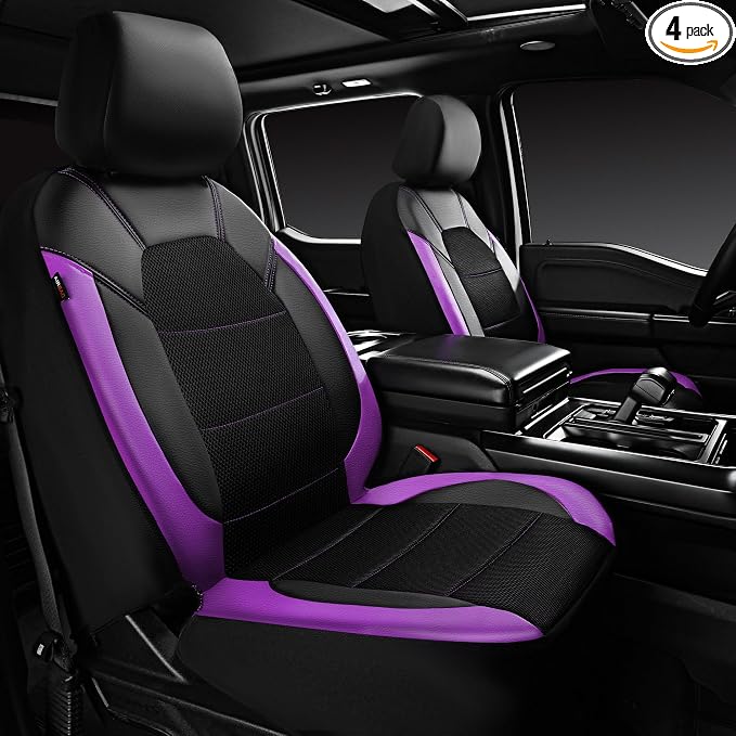 CAR PASS Leather Car Seat Covers Front Seats only, with Air Mesh Front Seat Covers Breathable, Cool Automotive Seat Covers 2 Pack, Universal Fit Most Cars,SUV,Truck,Van Airbag Compatible(Black Purple) by CARPASS