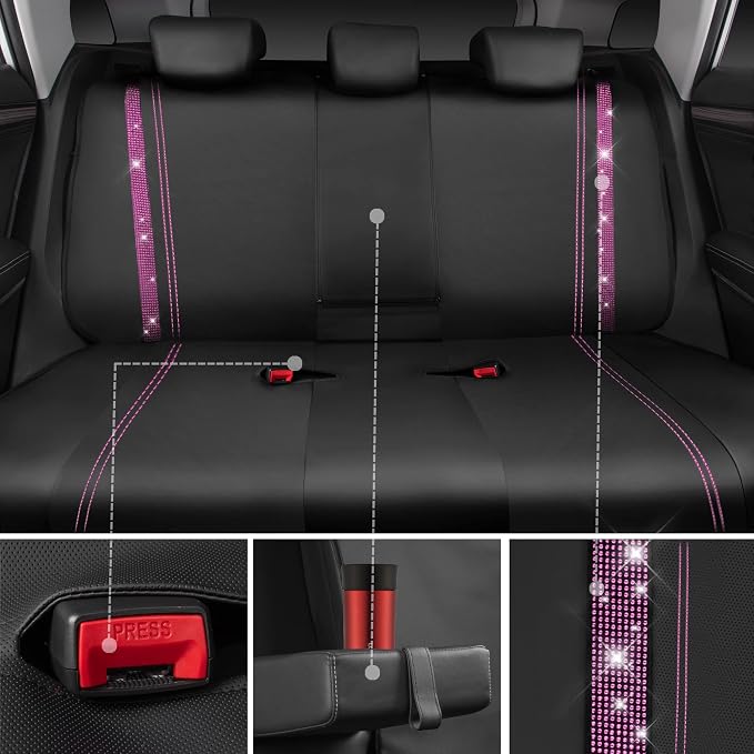 CAR PASS Bling Diamond Car Seat Covers Full Set, Shining Rhinestone Waterproof Faux Leather, Rear with Zipper, Universal Fit Automotive Glitter Crystal Sparkle Strips for Women Girl, Black Pink - Image 6