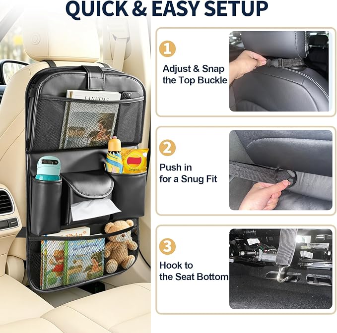 Backseat Car Organizer with Foldable Tray Table (2 Pack) | Premium PU Leather Seat Back Organizer with Tablet Holder, Large Pockets, Kick Mat for Family Travel and Daily Use - Image 7