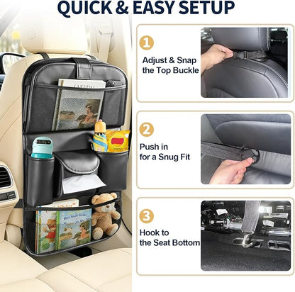 Backseat Car Organizer with Foldable Tray Table (2 Pack) | Premium PU Leather Seat Back Organizer with Tablet Holder, Large Pockets, Kick Mat for Family Travel and Daily Use - Image 7