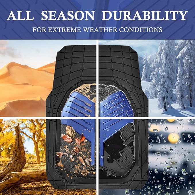 CAR PASS Heavy Duty Rubber Car Mats, Deep-Dish Car Floor Mats All Weather, Universal Two-Tone Trim-to-Fit for SUVs Trucks Sedans, Waterproof Anti-Slip, 3 Pieces V12 Black and Metallic Blue - Image 3