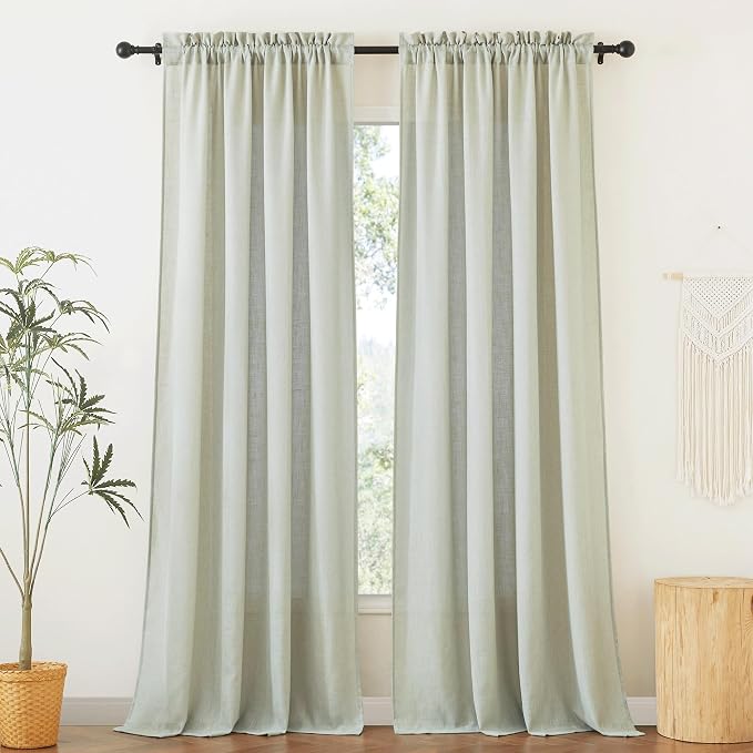 RYB HOME Sage Green Linen Sheer Curtains 84 inches Long for Living Room | Light Filtering, Linen Blend, Semi Sheer Privacy Protected, Rod Pocket, W52 x L84, 2 Panels Set by RYBHOME