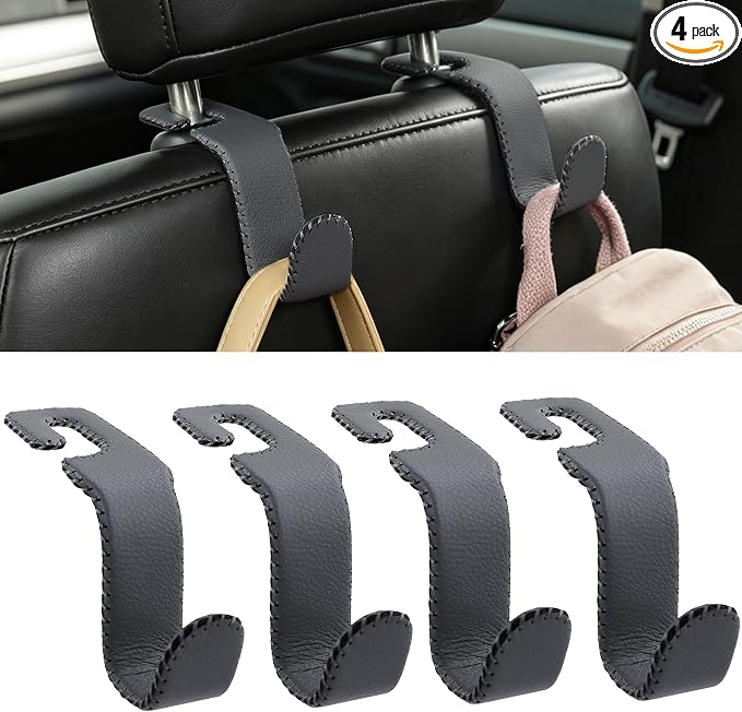 Car Seat Headrest Hook Heavy Duty 55lb Metal Hanger with Leather for Bags | Universal Vehicle Seat Back Organizer, Ergonomic Design, Hang Groceries Handbag Backpack Water Bottle, 4 Pack Gray by Amooca