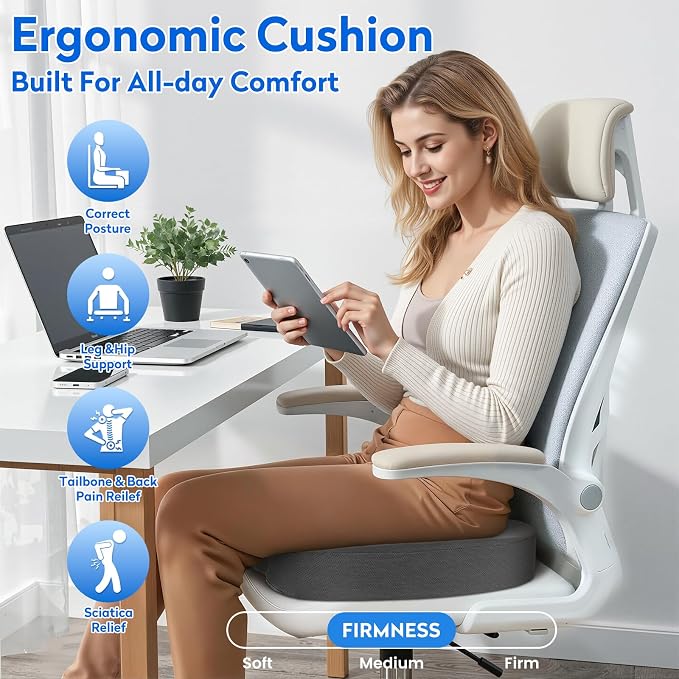 CushZone XL Memory Foam Seat Cushion for Office, Car & Wheelchair, Gray | U-shaped Coccyx Cutout, Contoured Design, Breathable Removable Mesh Cover, Non-Slip Base, Carry Handle - Image 7