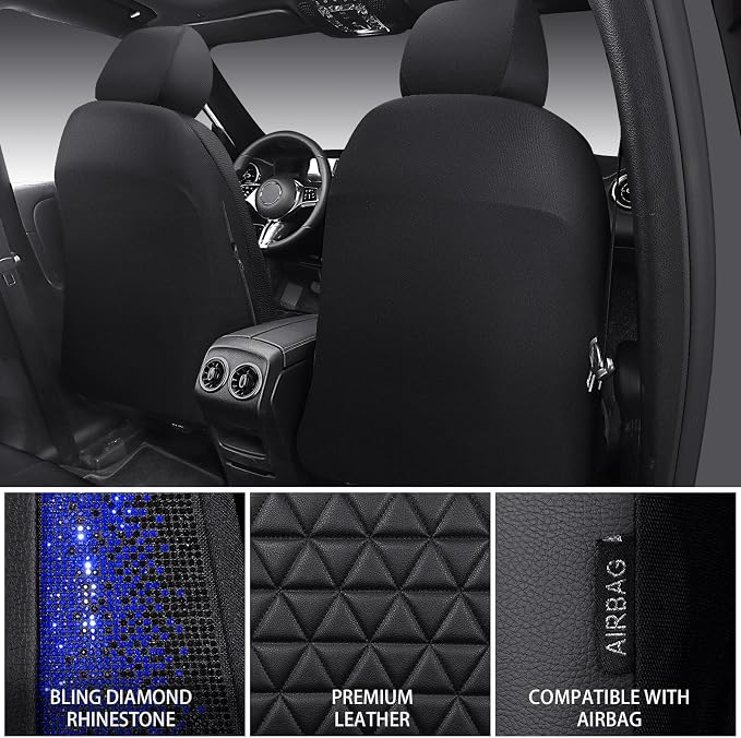 CAR PASS Bling Diamond Black Leather Car Seat Covers for 2 Front Interior Sets, Waterproof Shining Glitter Sparkly Crystal Universal Armrest Fit Automotive Truck SUV Cute Women Girl, Blue Rhinestone - Image 2