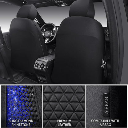 CAR PASS Bling Diamond Black Leather Car Seat Covers for 2 Front Interior Sets, Waterproof Shining Glitter Sparkly Crystal Universal Armrest Fit Automotive Truck SUV Cute Women Girl, Blue Rhinestone - Image 2