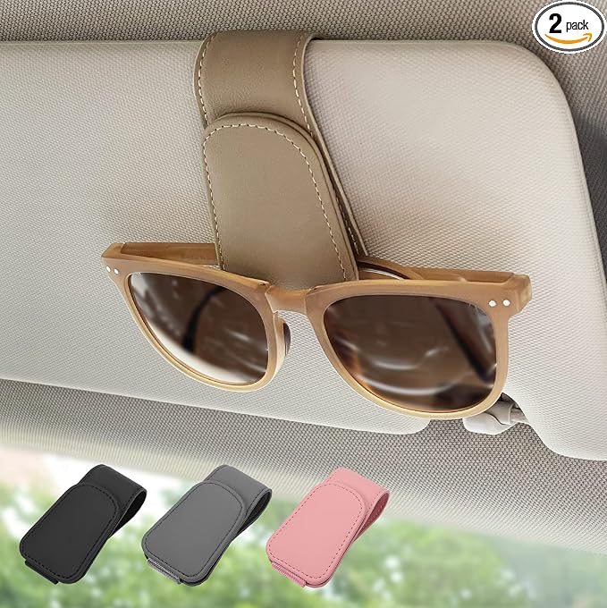 Magnetic Leather Car Sunglass Holder, Visor Sunglasses Holder Clip, 2 Pack | Suitable for Different Size Eyeglasses, Easy Opreation, Car Organziation Accessories by Ompellus