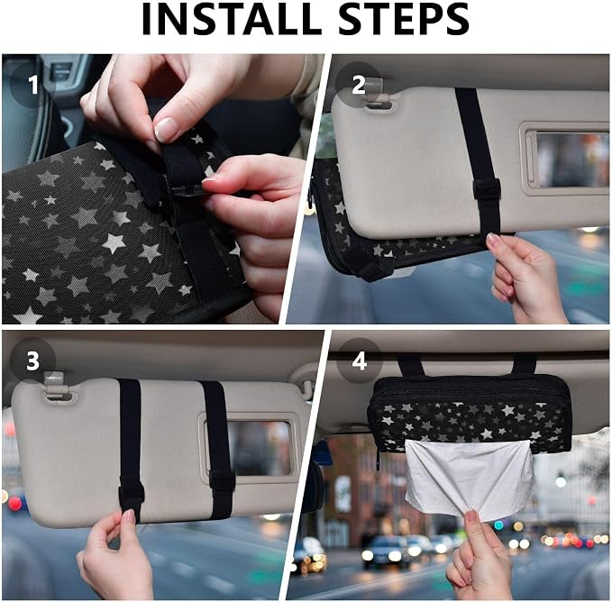 Car Tissue Holder Car Napkin Holder Car Tissue Box Dispenser Storage Case Sun Visor Mask Holder with Adjustable Straps Reusable Refillable Cute Silver and Gray Stars - Image 5