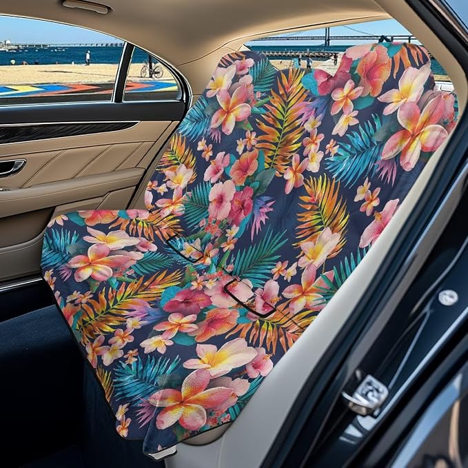 Tropical Hibiscus Plumeria Palm Leaves Pattern Bench Car Seat Cover Protector Waterproof Heavy-Duty Nonslip Pet Car Seat Cover for Dogs with Universal Size Fits for Vehicles Trucks SUV by LACIYISON