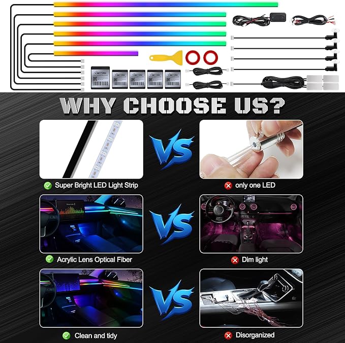 Dreamcolor Acrylic Interior Car LED Strip Light with Wireless APP, RGB 14 in 1 with 175 inches 593 Neon Car Ambient Lighting Kits, Dual Zone Music Sync LEDs Fiber Optic Strip Neon Lights for Car - Image 5