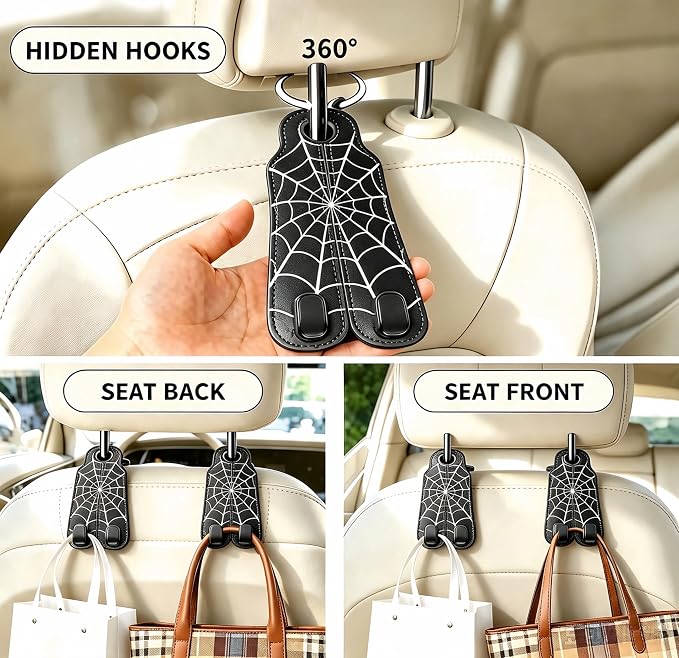 Car Seat Back Headrest Hooks - 2 Pack, Cobweb Pattern Purse Hook for Car, Metal Leather Multifunctional Auto Hanger Organizer for Bags Water Bottles Phones - Image 4