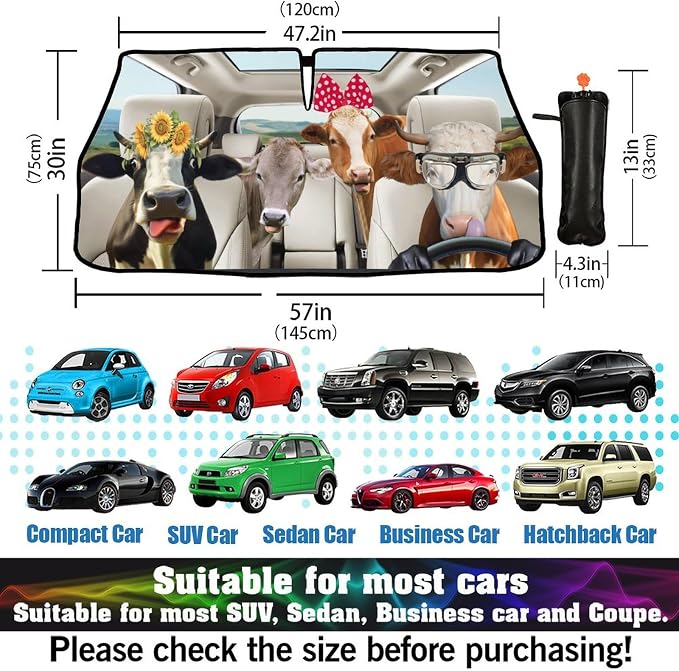 CHILLTEK Funny Animal Car Windshield Sun Shade, Cute Cow Car Sun Shade, Block UV Rays Heat Foldable Windshield Umbrella Sun Visor Protector - Keep Vehicle Cool for Cars SUV - Image 5