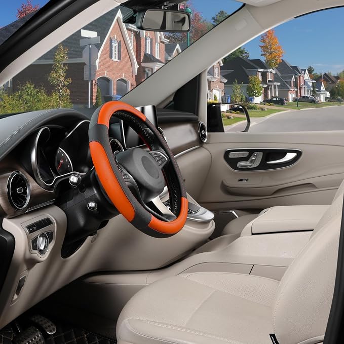 SEG Direct Steering Wheel Cover 14.5-15 inch Car Auto Interior Accessories | Universal Medium Standard Size 37-39cm for Car Truck SUV, Microfiber Leather, Anti-Slip Comfortable Grip, Black and Orange - Image 7