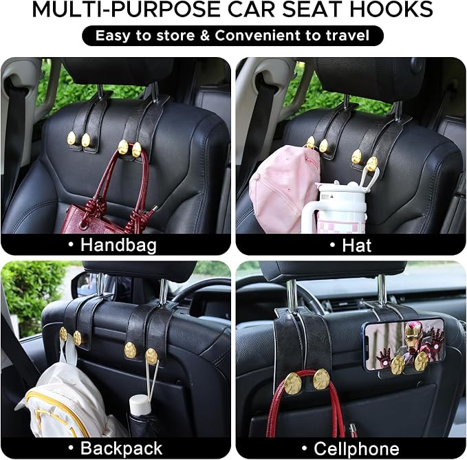 Leather Car Purse Hook for Headrest, 2 Pack, Black-Gold | Twin Hooks Headrest Hangers, 2/4 Pack, No-Slip, Scratch-Proof, Holds Purses, Backpacks, Grocery Bags, Car Organizer Gift - Image 7