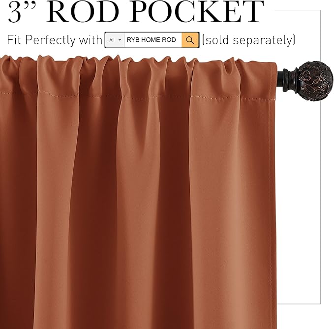 RYB HOME Short Burnt Orange Blackout Curtains for Small Bedroom Window Cafe | Thermal Insulating, UV Blocking, Privacy Protection, Drapes/Tiers for Basement Garage Bathroom, W42 x L36, 2 Panels - Image 2
