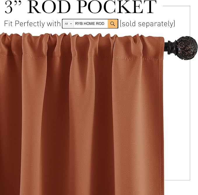 RYB HOME Short Blackout Curtains for Small Window Kitchen Bathroom Cafe RV | Sunmmer Heat Light Blocking, Privacy, Energy Saving, For Sunroom Laundry Room Stair Window, W52 x L36, Burnt Orange, 2 Panels - Image 2