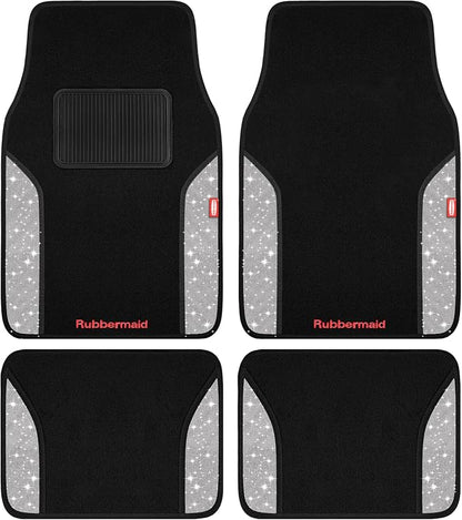 Rubbermaid Bling Car Mats, Carpeted Floor Car Mat with Faux Leather & Built-in Heel Pad, Two-Tone Car Rug Floor Mats, Stylish Carpeted Floor Mats for Cars, Trucks & SUVs Glitter Sliver Color by Unknown