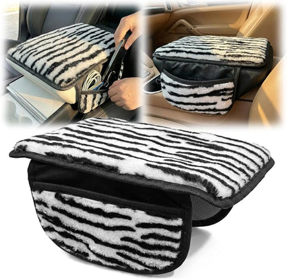 Plush Animal Print Car Center Console Cover with Side Pockets, Fluffy Armrest Cushion Pad.,Soft Car Interior Accessories with Storage for Women. Universal Fit for Vehicles SUV Truck (Zebra Print) by Unknown