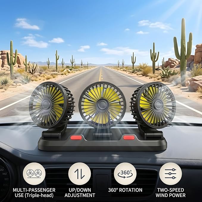 12V Car Cooling Three-Head Fan, 360° Rotation, 2-Speed Adjustable, Low Noise, Portable Fan for SUV, RV, Vehicle, Boat, Golf Cart with 51-Inch Cord - Image 4