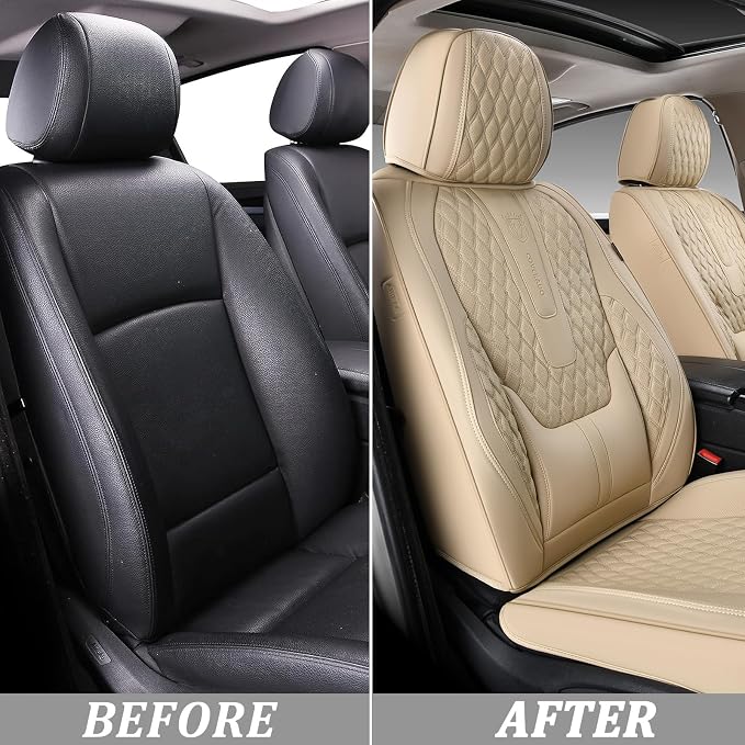 Coverado Front Seat Covers, Car Seat Covers Front Seats, Nappa Leather Seat Covers for Cars, Waterproof Seat Covers with Lumbar Support Universal Fit for Most Cars SUV Trucks (Front, Beige) - Image 5