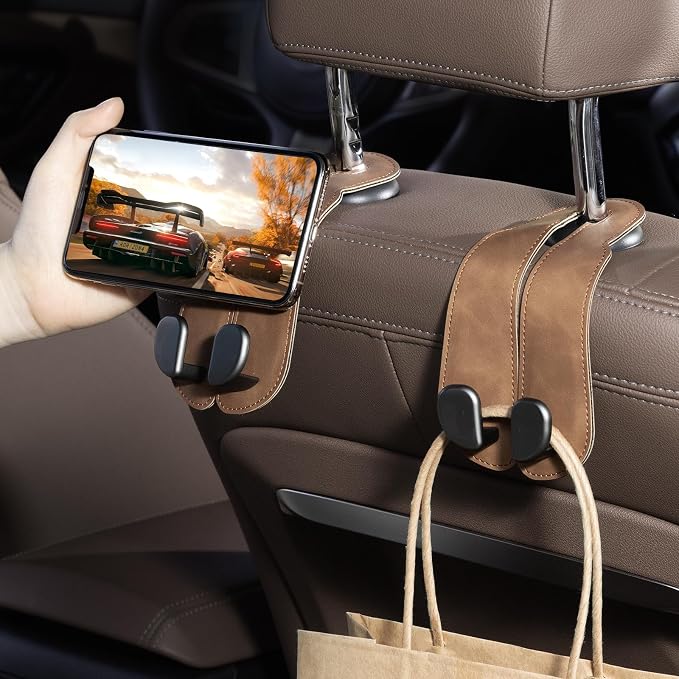 CoBak Purse Hook for Car - Universal Premium Stitched Leather and Aluminum-Magnesium Alloy Double Car Seat Back Storage Hook for Purses, Handbags, Bags (2 Pack),Brown - Image 6