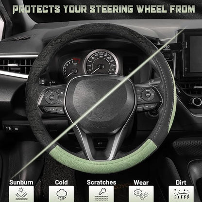SEG Direct Steering Wheel Cover 14.5-15 inch Car Auto Interior Accessories | Universal Medium Standard Size 37-39cm for Car Truck SUV, Microfiber Leather, Anti-Slip Comfortable Grip, Black Pastel Green - Image 4