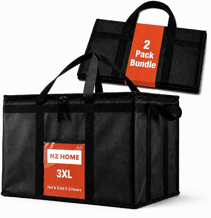 NZ home Insulated Food Bag, Portable Cooler Tote (3XL, Black, 2 Pack) | Large thermal bag, For cold & hot food, Soft sided cooler, Heavy duty carrier, Grocery shopping, Food delivery, Catering bag by NZhome